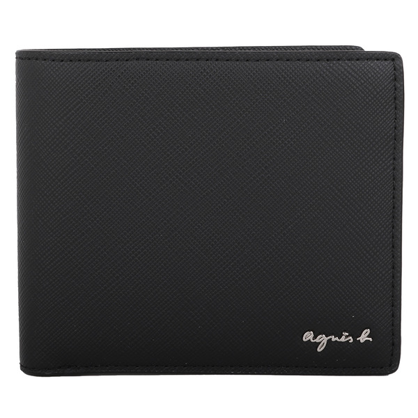 agnes b.-草寫銀字LOGO防刮皮革附名片夾透明層短夾(黑)