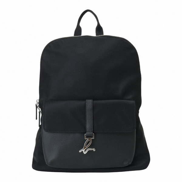 agnes b.-銀b .log前皮革口袋拼尼接龍後背包(黑)小