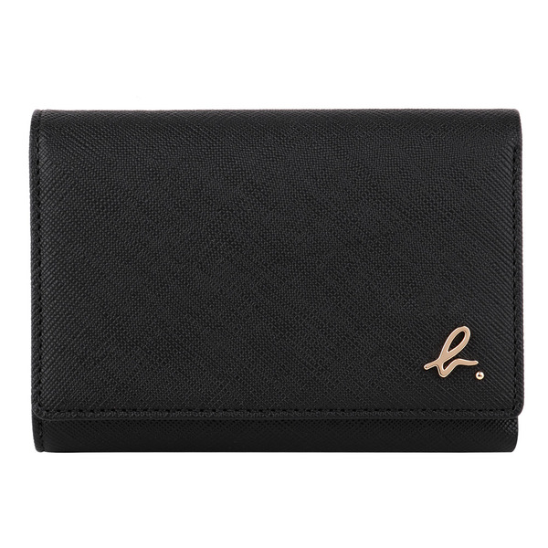 agnes b.-金小b-logo 防刮皮革翻扣零錢袋短夾(黑)