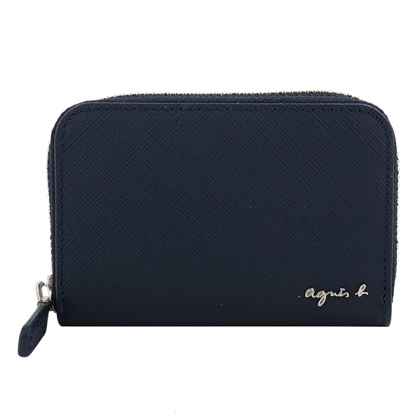 agnes b.-草寫銀字logo防刮拉鍊附鑰匙圈零錢包(海軍藍)