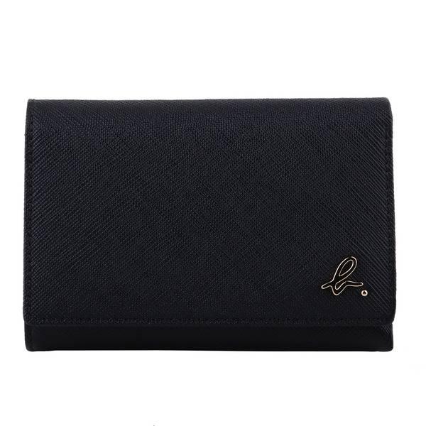 agnes b.-金小b-logo 防刮皮革翻扣零錢袋短夾(海軍藍)