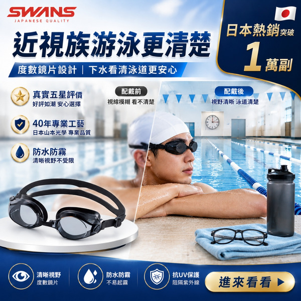 SWANS【SW-45OP】成人/青少年 運動休閒舒適近視泳鏡  日本製造