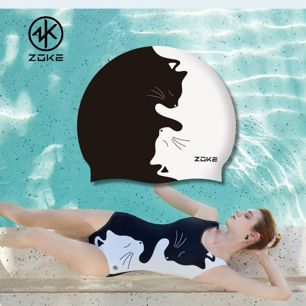 ZOKE【黑白貓緣】成人/青少年 矽膠彈力泳帽 !台灣現貨! 適合頭圍50-58CM