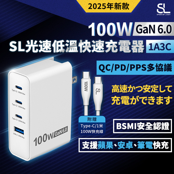SL光速GaN6.0 100W低溫快速充電器(1A3C)附5A快充線