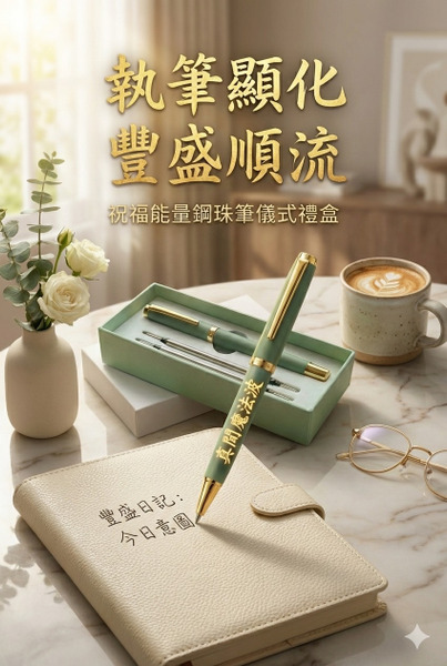 【真閒魔法波】森羅萬象｜祝福能量・豐盛顯化鋼珠筆禮盒 (莫蘭迪綠金版)