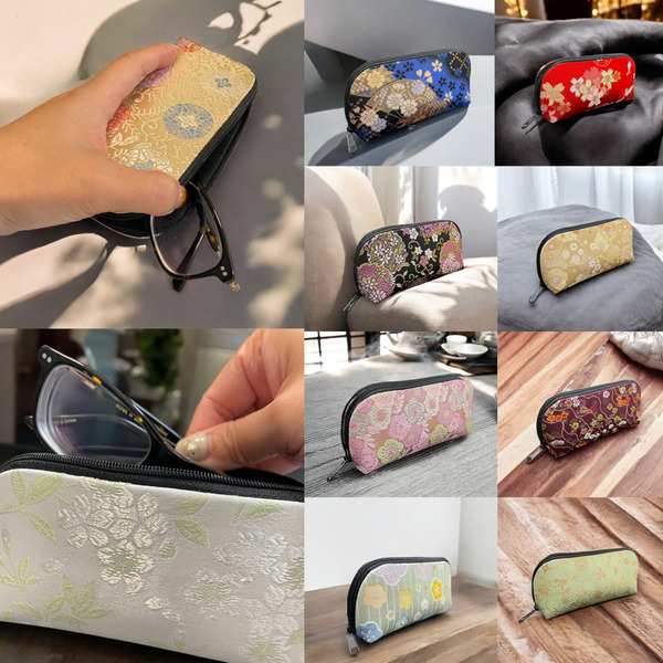 日本京都西陣織金色錦緞<拉鍊眼鏡盒/收納盒/刷具袋/筆盒>