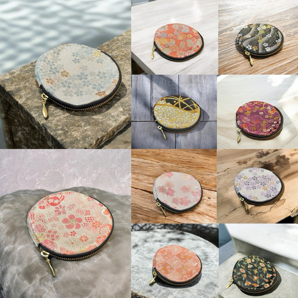 日本京都西陣織金色錦緞<圓形拉鍊錢包>