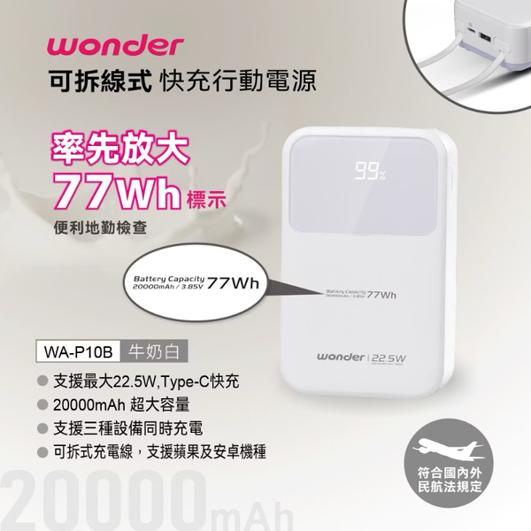 WONDER 可拆線式快充行動電源(20000mAh) 白色款