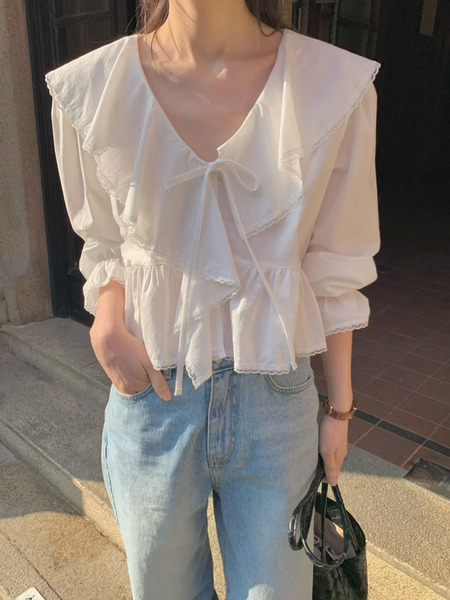 法式荷葉綁帶上衣