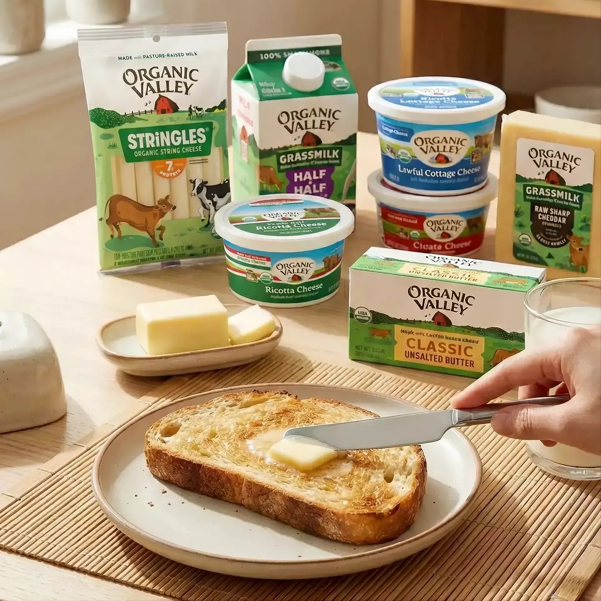 ORGANIC VALLEY有機乳製品包含牛奶、奶油、起司與乾酪，搭配吐司抹奶油的健康早餐情境。