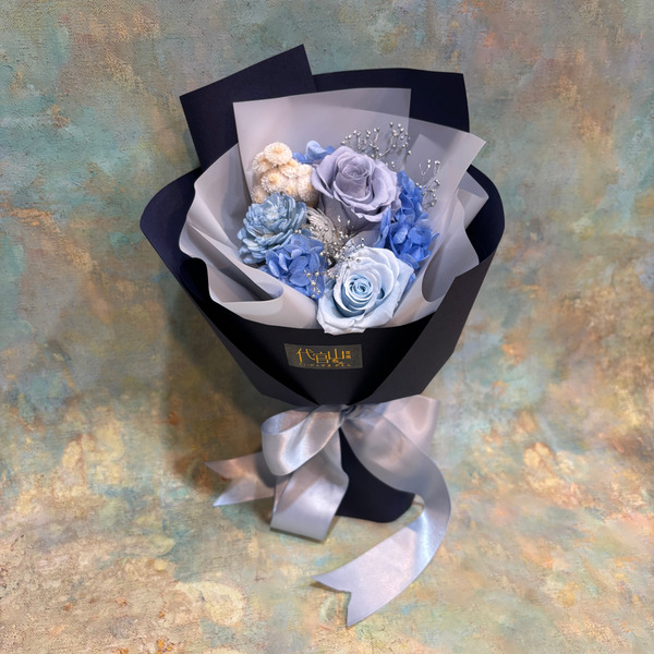 靜謐 霧藍灰 永生花束 S