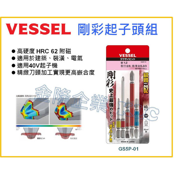 【天隆五金】(附發票) 日本製 VESSEL GS5P-01 十字一字 雙邊頭 五支組 起子頭 Bit頭