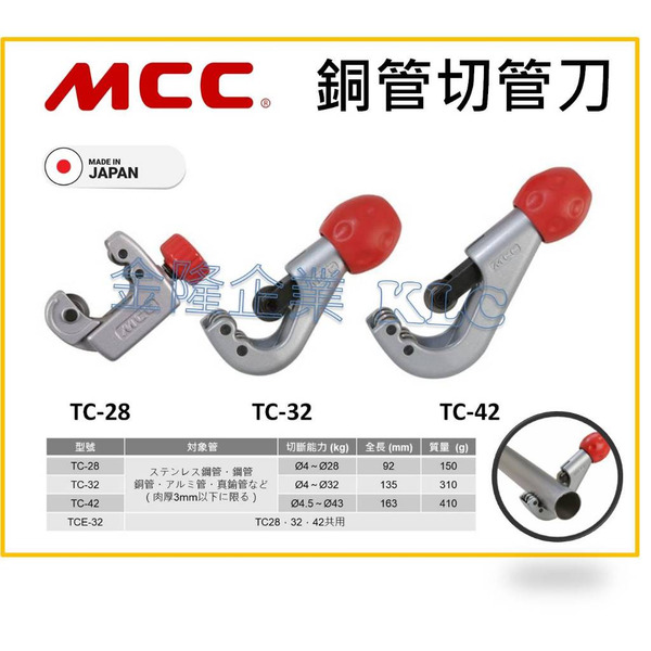 【天隆五金】(附發票) 日本製 MCC 銅管 切管刀 TC-28 TC-32 TC-42 TCE-32不鏽鋼切管刀 白鐵