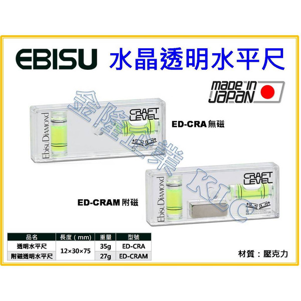 【天隆五金】(附發票) 日本製 EBISU 水平儀 ED-CRA 無磁 ED-CRAM 附磁 水平尺