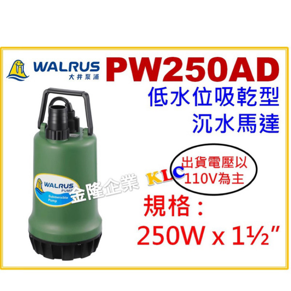 【天隆五金】(附發票) 大井 PW250AD 出口1-1/2吋 低水位吸乾型 沉水泵浦 水龜 沉水幫浦 馬達