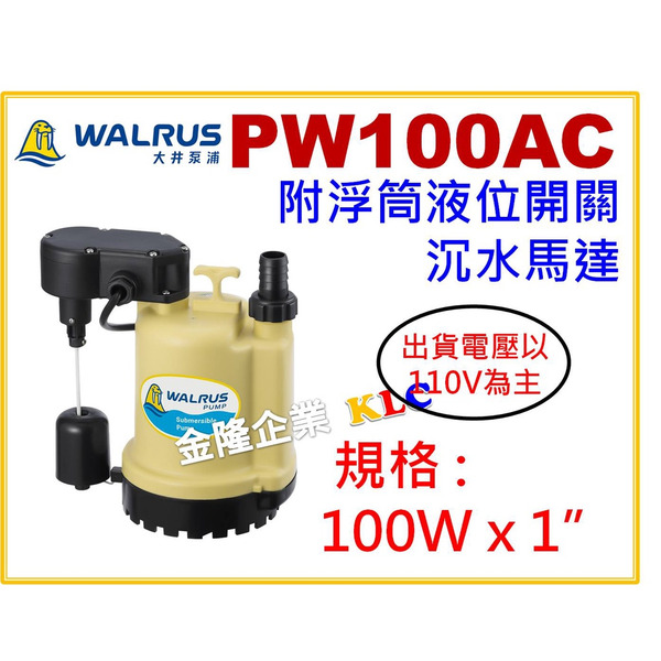 【天隆五金】(附發票)大井 PW100AC 出口1吋 附浮筒液位開關沉水泵浦 水龜 沉水幫浦 馬達