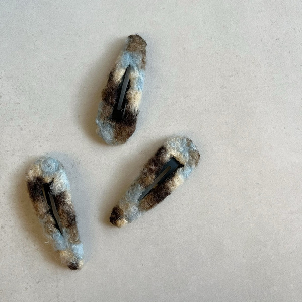 秋冬羊毛瀏海髮夾/格紋橢圓髮夾 藍咖色系