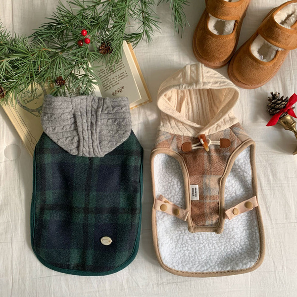 KR｜針織刷毛連帽格紋披肩衣