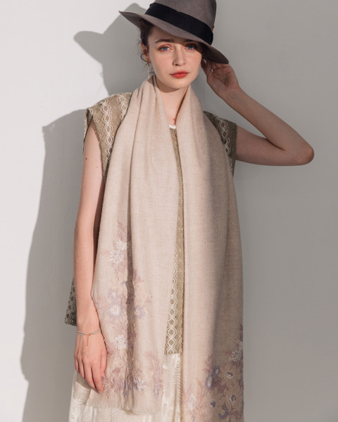 Gina高品質雷射多色蕾絲刺繡純羊絨Cashmere圍巾