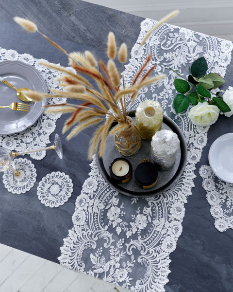 Angelina唯美細骨亮片刺繡蕾絲桌墊12件組