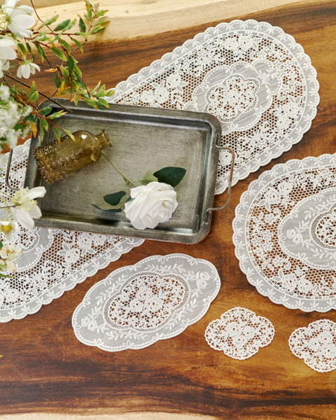 Rhea古典玫瑰紗網刺繡蕾絲桌墊12件組
