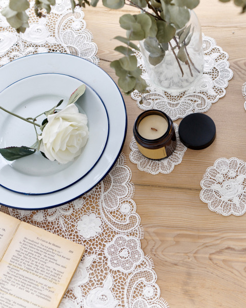 Cassiel華麗玫瑰水溶鏤空蕾絲桌墊12件組