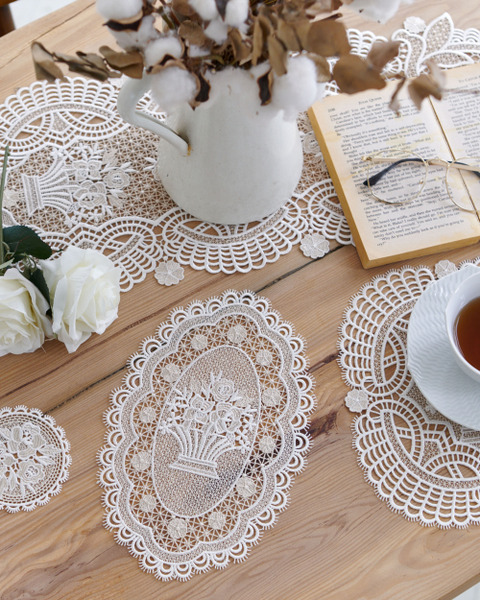 Cecilia浪漫古典水溶刺繡蕾絲桌墊12件組