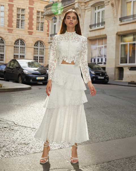 Narcisse小清新鏤空蕾絲純棉蛋糕長裙