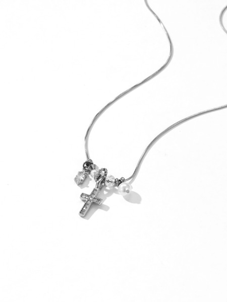 TSA003 極簡細圈項鍊 銀色項鍊 清冷感十字架吊墜頸鏈
