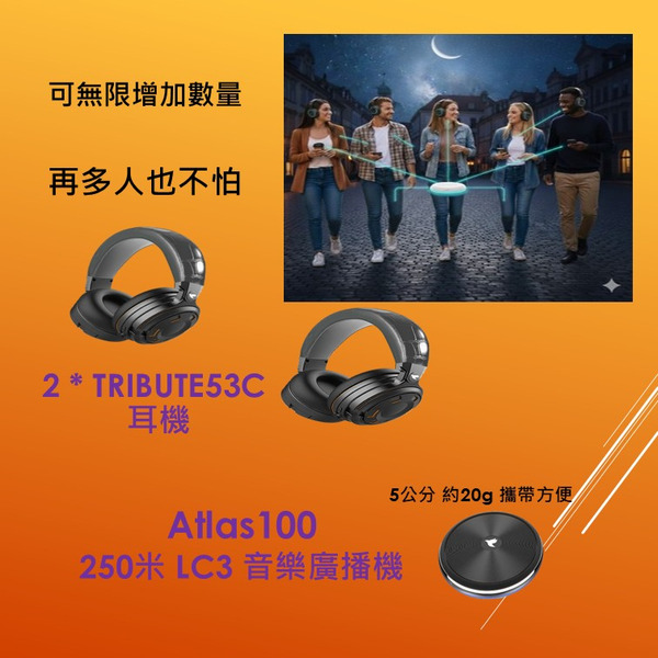 【2026 旗艦新品】新世代 Atlas 100 LC3音樂廣播機 + Tribute 53C LC3耳機_2入