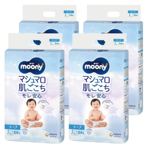 [箱裝] Moony 滿意寶寶日本版 頂級超薄黏貼型尿布, L (9~14kg), 216片