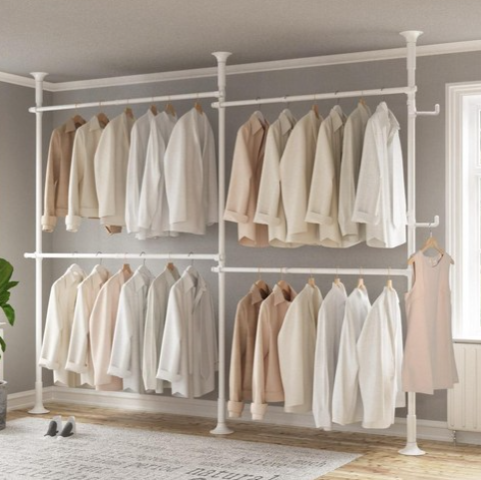 RiwooLIVING 韓國製 堅固四層伸縮衣架 + 多功能掛勾組, 白色, 寬160~280cm x 高218~244cm