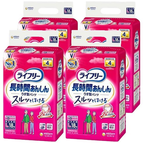 [箱裝]unicharm 嬌聯 Lifree 長時間安心薄型成人護理褲, L, 18片, 4包