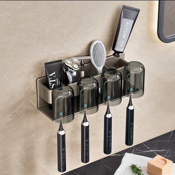 牙刷架 槍灰 附杯子 免釘膠款, 4人款, 1個