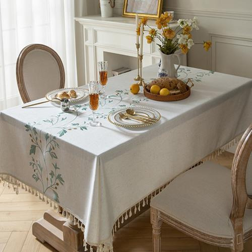 歐式棉麻刺繡葉子流蘇桌巾, 180 x 140cm, 綠色, 1個