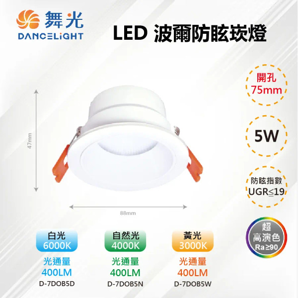 DANCELIGHT 舞光 5W 波爾防眩崁燈 7.5cm, 自然光, 時尚白款, 1盒