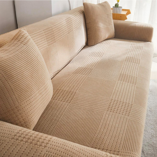 好物良品 輕奢格紋系列 防貓抓系列高彈力立體提花彈力沙發罩 贈抱枕套 + 泡棉條 二人座 卡其色,