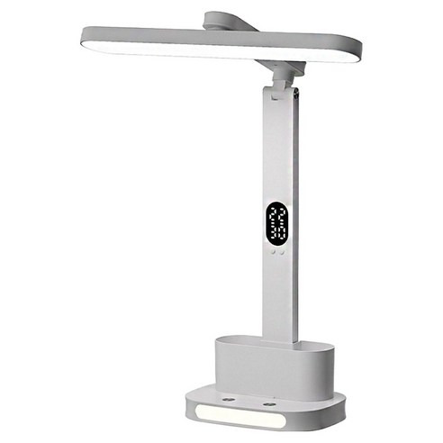 Kyhome LED雙燈時鐘檯燈 護眼學習閱讀燈 宿舍照明燈 臥室桌燈 小夜燈 收納筆筒 白色, 白