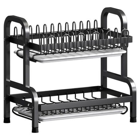 HOUDER_碗碟架 附水杯架, 兩層, 42 x 23.5 x 42cm, 黑色, 1個