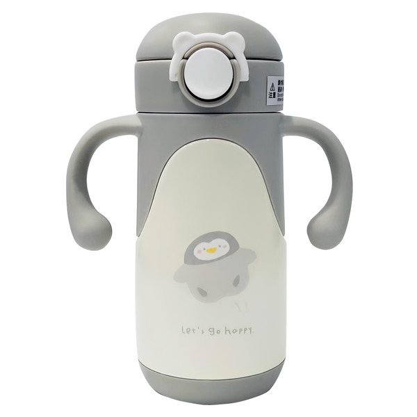 PUKU 藍色企鵝 Warmer 不鏽鋼吸管學習杯, 灰色, 350ml, 1個