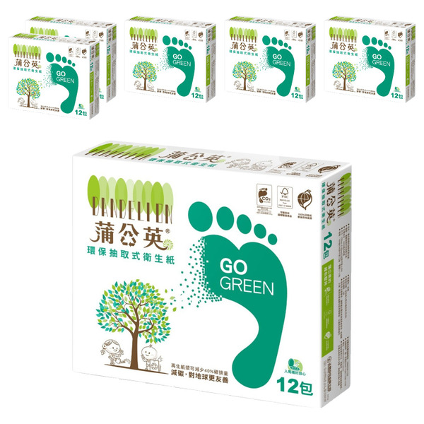 [箱裝] 蒲公英 環保抽取衛生紙, 100抽, 12包, 6袋