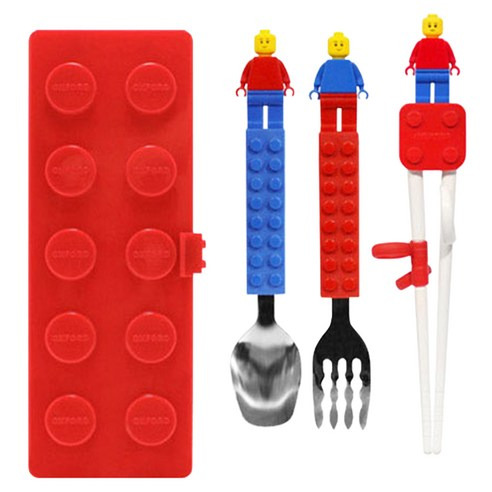 Oxford Block 積木造型餐具組, 湯匙+叉子+學習筷 +收納盒, 顏色隨機, 1組