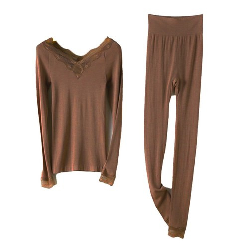 日本超薄發熱衣/保暖衣保暖內搭衣套組, 蕾絲衣 + 褲, 咖啡色, 均碼, 1組