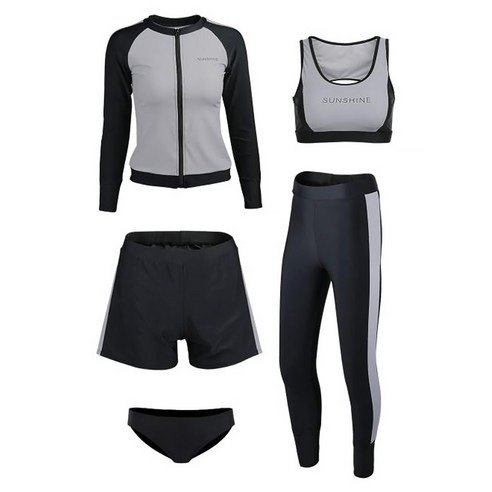 愛北鼻 成人女長袖分體泳衣 長袖分體五件套, XL, 灰黑色, 1組