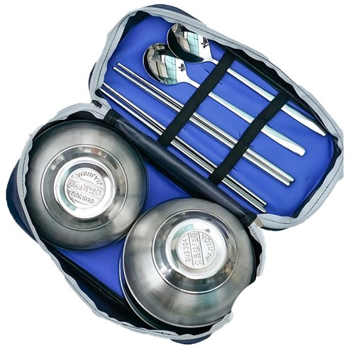 攜帶式 不鏽鋼隔熱碗組 雙人套裝, 碗11.5 x 6cm + 筷子21cm + 湯匙18.5 x