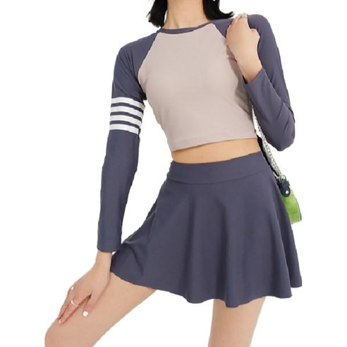 女生分體運動泳衣, M, 紫灰色長袖分體褲裙套裝, 1套