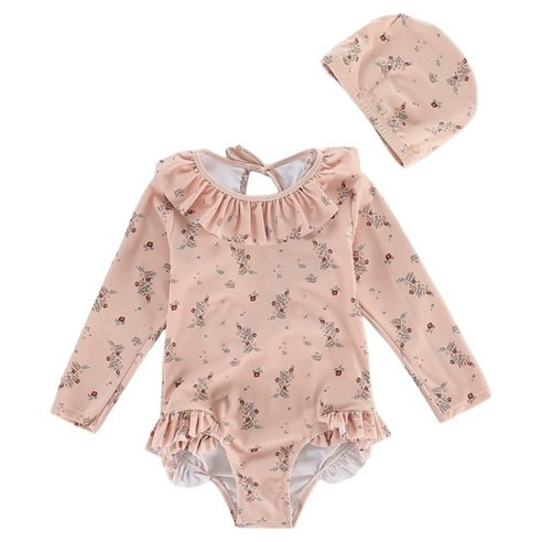 愛北鼻 INS女童長袖圓領連體泳衣+泳帽 建議130~140cm, 140, 粉碎花, 1組