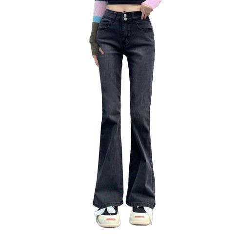 美式雙釦刷舊微喇叭牛仔長褲, HL6880, S, 黑灰色, 1件