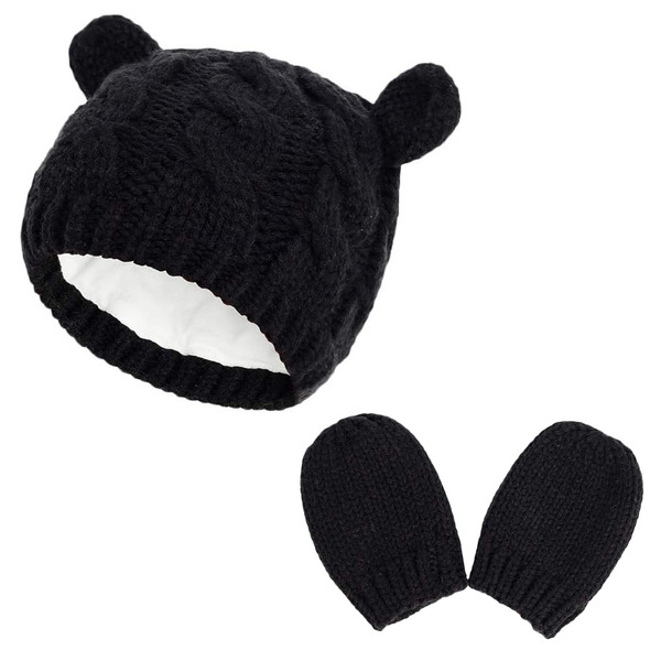 歐美風寶寶保暖帽手套組, 黑帽+手套, M, 1組