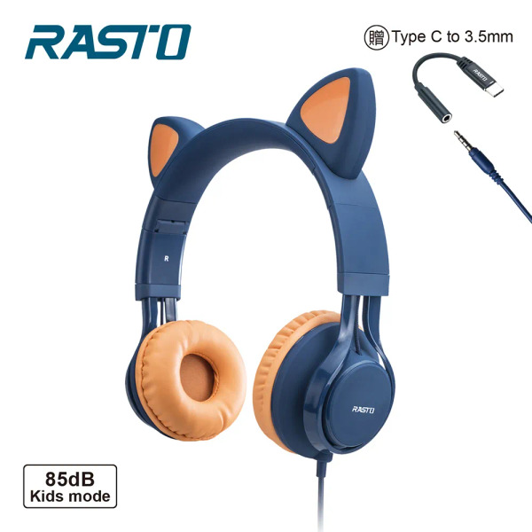 RASTO 頭戴式兒童耳機, 深藍色, 萌貓, RS55, 喇叭單體直徑40mm, 線長120cm,